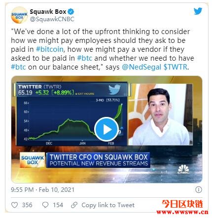 Twitter财务长：公司正在考虑是否将比特币作为储备资产的一部分